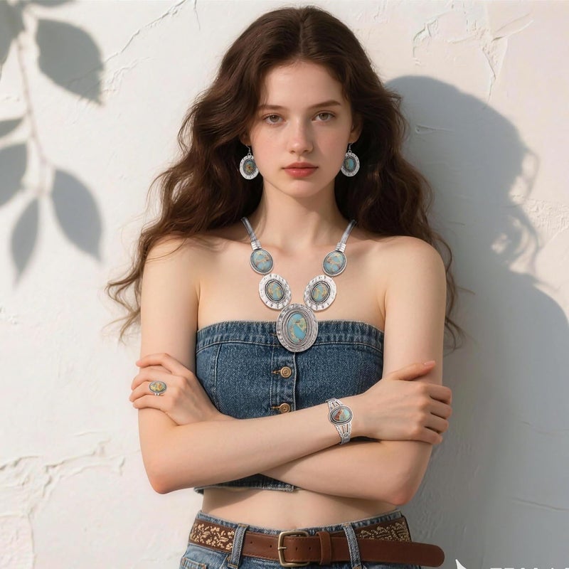 JMScape 4 PCS Western Turquoise Jewelry for Women Boho Vintage Navajo Pearl Necklace Earring Bracelet Ring Set Country Cowgirl Accessories for Gift - Image 2